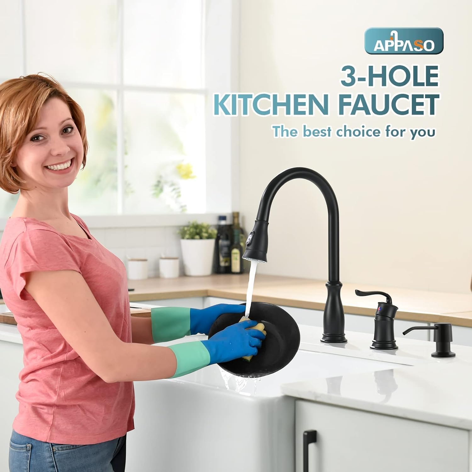 3 Hole Kitchen Faucet With Pull Down Sprayer, Appaso Kitchen Faucet With Soap Dispenser, 3 Pieces Kitchen Faucet With Separate H
